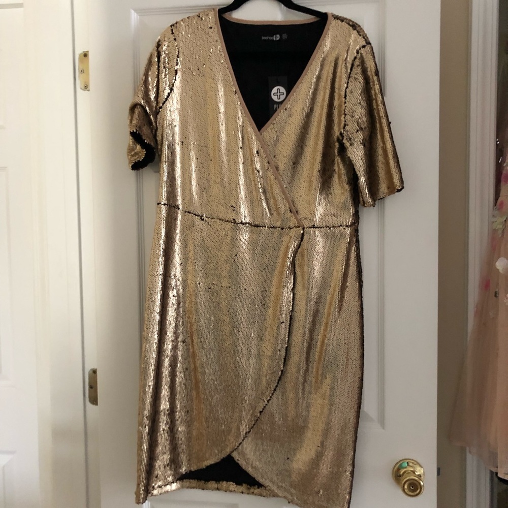 Gold sequin dress.